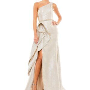 Mac Duggal One-Shoulder Metallic Ruffled Evening Gown in Oyster, Size 12